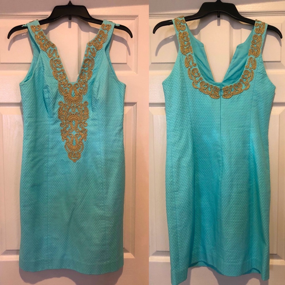 Lilly Pulitzer Aqua and Gold Dress Size 2